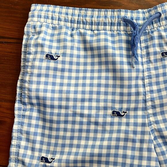 Vineyard Vines gingham plaid whale embroidered elastic waist pull on swim trunks - Picture 3 of 5